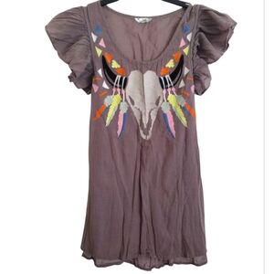 Rebel Yell Boho Embroidered Tunic Style Top With Steer Horn Image Size Medium